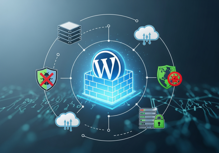 WordPress security concept with firewall protection, backups, malware shield icons and secure hosting illustration for website protection