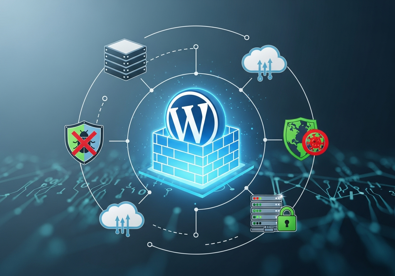 WordPress security concept with firewall protection, backups, malware shield icons and secure hosting illustration for website protection
