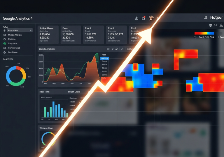 A website optimization graphic showing Google Analytics charts and Hotjar heatmaps side-by-side, with an upward growth arrow representing improved performance and user experience