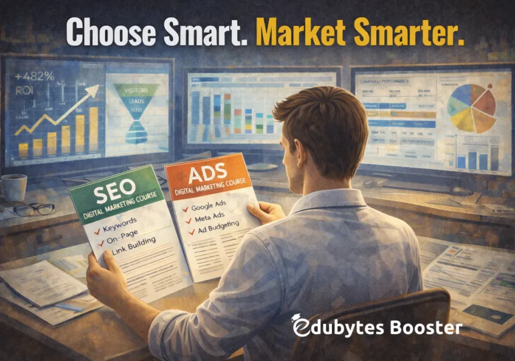 student evaluating digital marketing course options with SEO and performance marketing elements