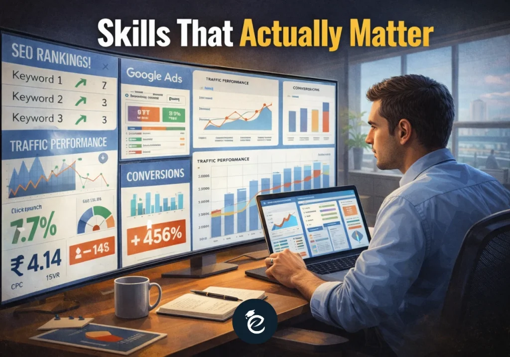 digital marketing professional analyzing SEO and performance marketing analytics dashboard